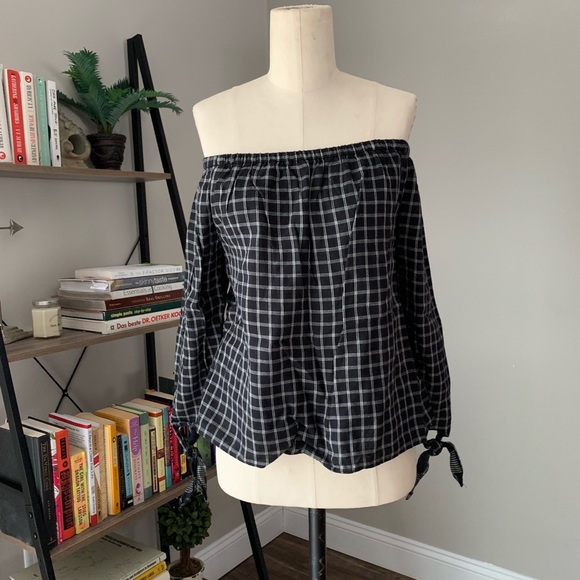 Madewell Black and White Plaid Off the Shoulder - Picture 2 of 7